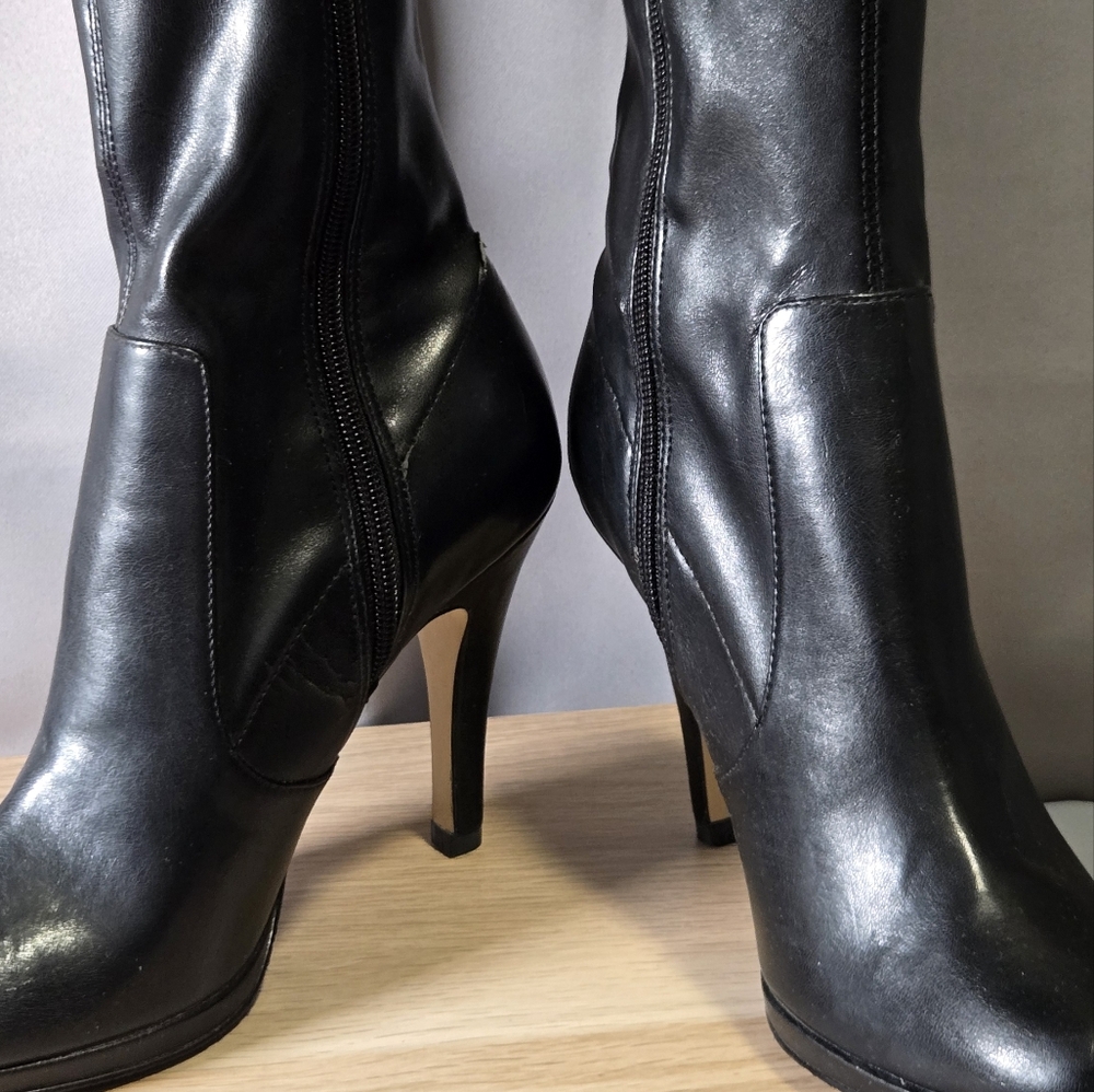 Tahari Knee High Leather & Nylon Black Spike Heeled Boots Size 7M With Side Zip